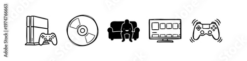 Set of hand-drawn gaming icons including a console, disc, gamer on a couch, television, and controller. Minimalist black and white doodle style for gaming and lifestyle concepts.