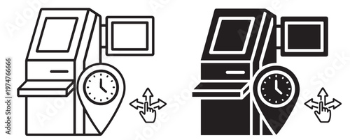 self service kiosk terminal with location pin clock and navigation direction arrows vector icon set on transparent b