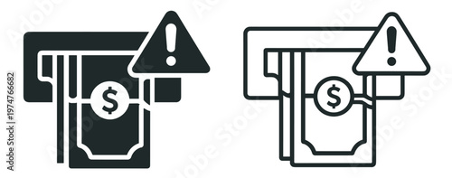 payment terminal with cash transaction error warning symbol and dollar banknote vector icon set on transparent background