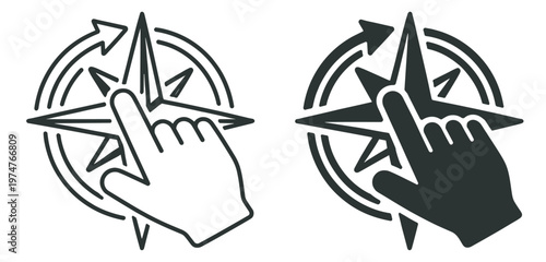 finger touch navigation with compass direction arrows and user interface gesture control vector icon set on transparent background