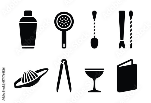 Cocktail icon silhouette bar tools and glasses for bartending drink preparation minimal design