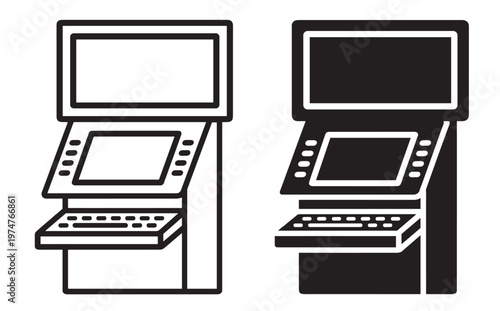 self service kiosk terminal with large display screen and touchscreen panel vector icon set on transparent background