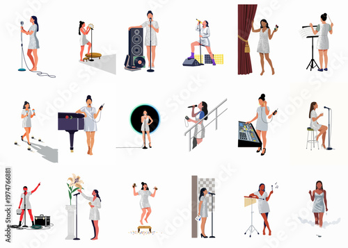 A diverse collection of illustrations featuring a female performer in various musical and stage scenarios, wearing a sparkling silver dress.