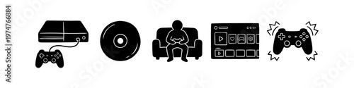 Set of black minimalist video game icons featuring a console, disc, gamer on a couch, user interface dashboard, and vibrating controller. Ideal for gaming app design and web graphics.