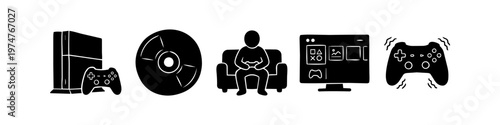 Minimalist black video game pictogram set featuring a gaming console, controller, game disc, player on a sofa, and a television screen interface isolated on a white background.
