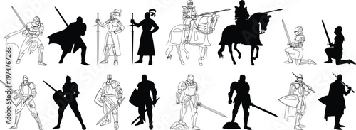Medieval Warriors and Knights in Combat and Parade Poses Flat Design Vector Illustration