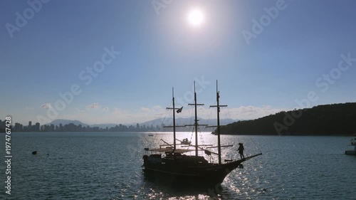 Drone view of Porto Belo sailing ship at sunset, Itapema and Meia Praia.