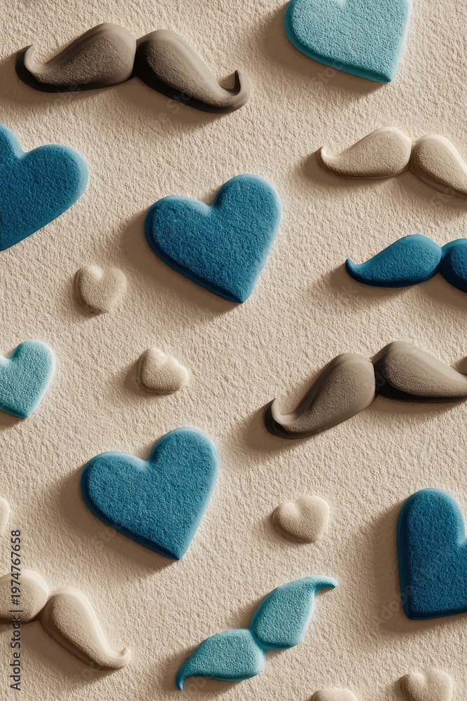 Obraz premium Charming Heart and Mustache Pattern on Textured Sand Background with Sparkling Blue and Beige Elements