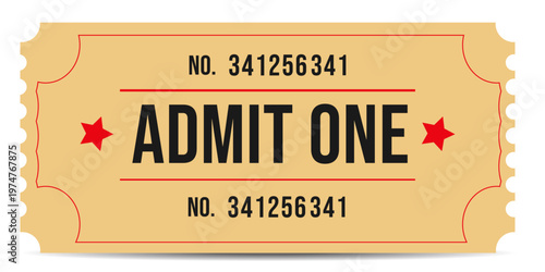 Admit one vintage stile ticket template for web design, print. Vector illustration 