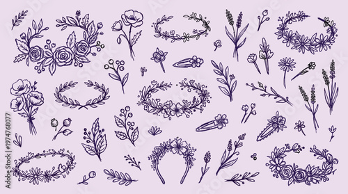 Hand drawn floral elements and wreaths for design and decoration, botanical sketch style