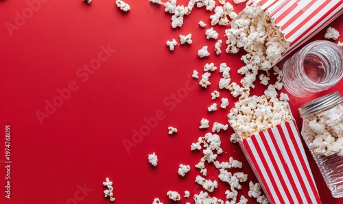 Classic Red and White Striped Popcorn Boxes Overflowing with Fluffy White Popcorn Against a Vibrant Red Background with Subtle Silver Film Reel Accents Ideal for Movie Night Themes