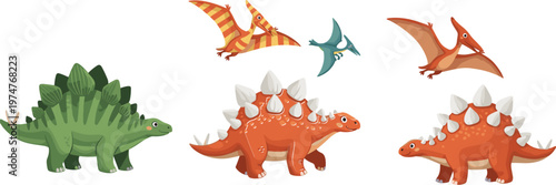 Cute Dinosaur Cartoon Character Set with Stegosaurus and Flying Pterodactyl in Different Poses for Kids Education Illustration Design