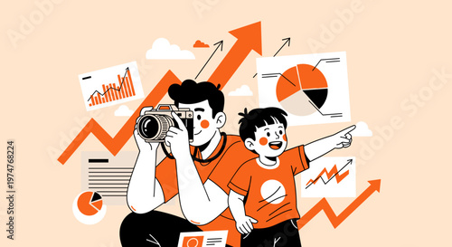 A modern flat illustration featuring a man taking photos with a professional camera while a young boy points toward rising business charts and orange growth arrows. This represents family success.