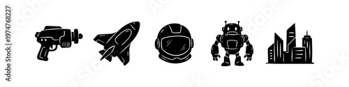 Set of black hand-drawn sci-fi icons: ray gun, spaceship, astronaut helmet, robot, and futuristic city skyline. Minimalist vector doodles for space exploration and technology concepts.
