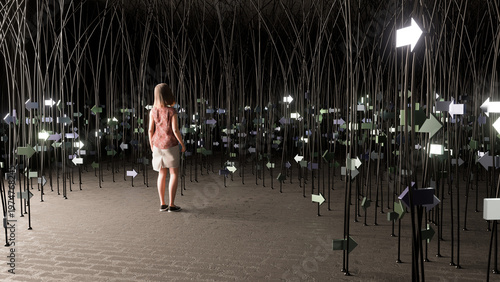 3d rendered abstract image of a woman encountering a surreal room full of arrows pointing in difference directions.