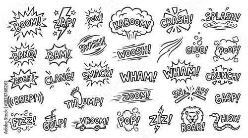Collection of Hand Drawn Comic Book Sound Effects and Words for Action and Excitement
