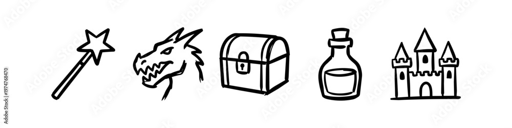 Naklejka premium Set of hand-drawn fantasy icons featuring a magic wand, dragon head, treasure chest, potion bottle, and a castle. Minimalist black ink sketches on a white background.