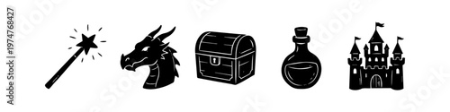 Set of hand-drawn fantasy icons featuring a magic wand, dragon head, treasure chest, potion bottle, and castle. Minimalist black silhouettes on white, perfect for fairytale and game design.