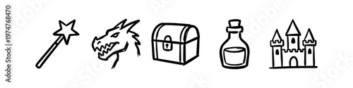 Set of hand-drawn fantasy icons featuring a magic wand, dragon head, treasure chest, potion bottle, and a castle. Minimalist black ink sketches on a white background.