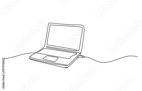 Continuous one line drawing of a laptop computer with a screen and keyboard area