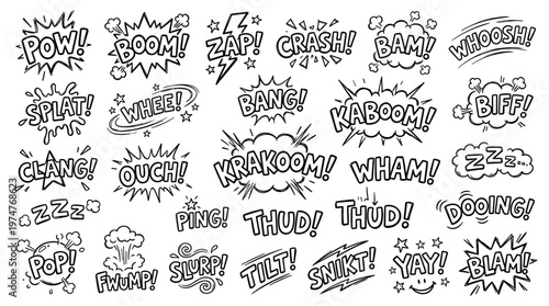 Collection of comic book sound effect words and onomatopoeia in a hand drawn sketch style for graphic design and illustration