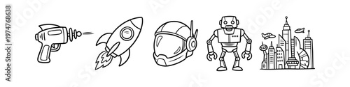 Set of retro science fiction hand-drawn doodle icons including a rocket, robot, space helmet, ray gun, and futuristic city skyline in black line art style on a white background.
