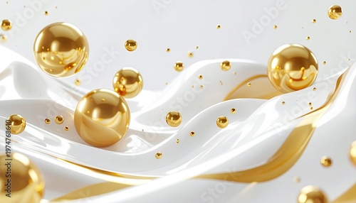 Abstract golden spheres and flowing fabric with gold accents.