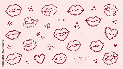 Hand drawn sketch of romantic lips and hearts on a pink background, cute doodle art for Valentine's Day or beauty themes