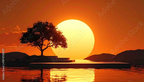 Vibrant sunset over tranquil water with a solitary tree silhouette on a platform.