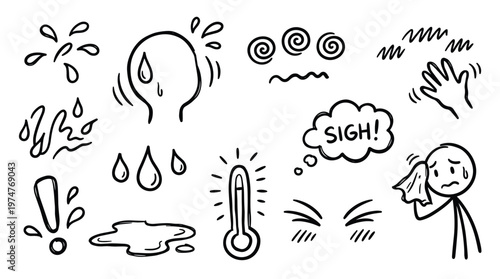 Doodle illustration of heatwave symptoms and discomfort with sweating and a thermometer showing high temperature