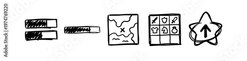 Hand-drawn set of black and white video game interface icons, including progress bars, treasure map, inventory grid, and level-up star symbol.