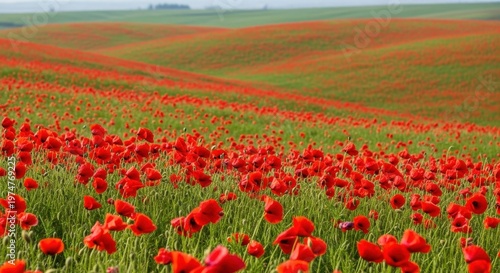 A vibrant field of blooming red poppies stretching towards the distant rolling hills in daylight