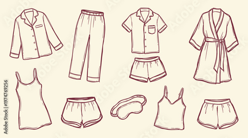 Collection of comfortable sleepwear and loungewear items in a hand drawn sketch style on a light background