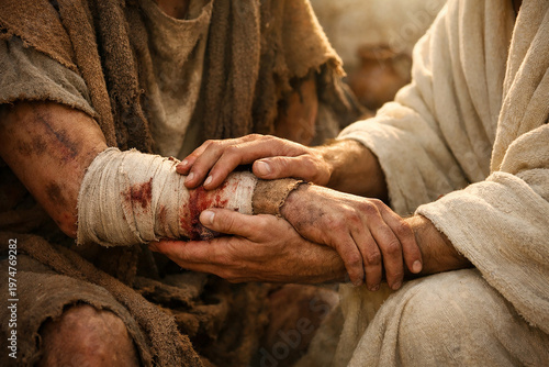  Helping Hand Touching Wounded Arm Good Samaritan Biblical Concept.
