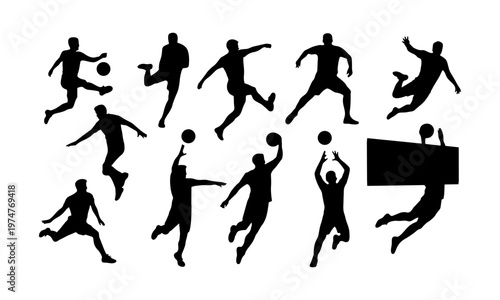 Collection of sports silhouettes including soccer basketball and volleyball players in various poses and actions