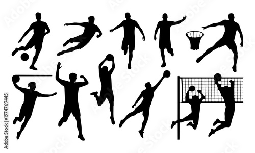 Collection of sports silhouettes including soccer basketball and volleyball players in various poses and actions