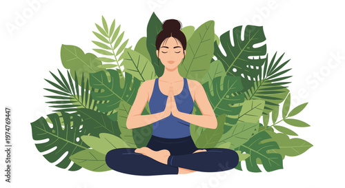 Young woman practicing yoga meditation in a lotus position surrounded by various green tropical leaves for mental wellness.