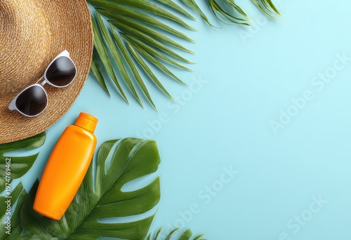Top View Of A Straw Hat Sunglasses And Sunscreen Bottle Placed Among Tropical Leaves On A Light Blue Background With Copy Space Vibrant Summer Beach Accessories For Outdoor Relaxation