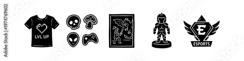 A set of black and white gaming and esports icons including a level up t-shirt, skull, mushroom, alien, controller, dragon battle card, knight figurine, and a winged esports diamond logo.