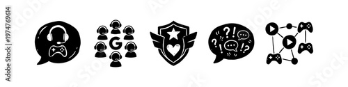 Vector set of hand-drawn black icons for online gaming platforms, including community support, account safety, multiplayer networks, and voice chat communication features.