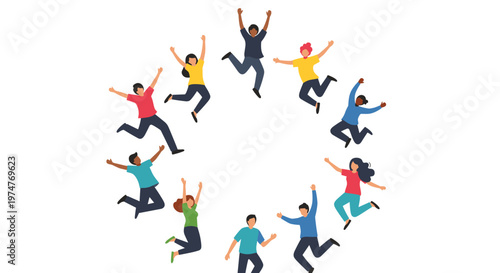 Diverse group of energetic people jumping with joy in a circle formation against a plain white background for celebration.