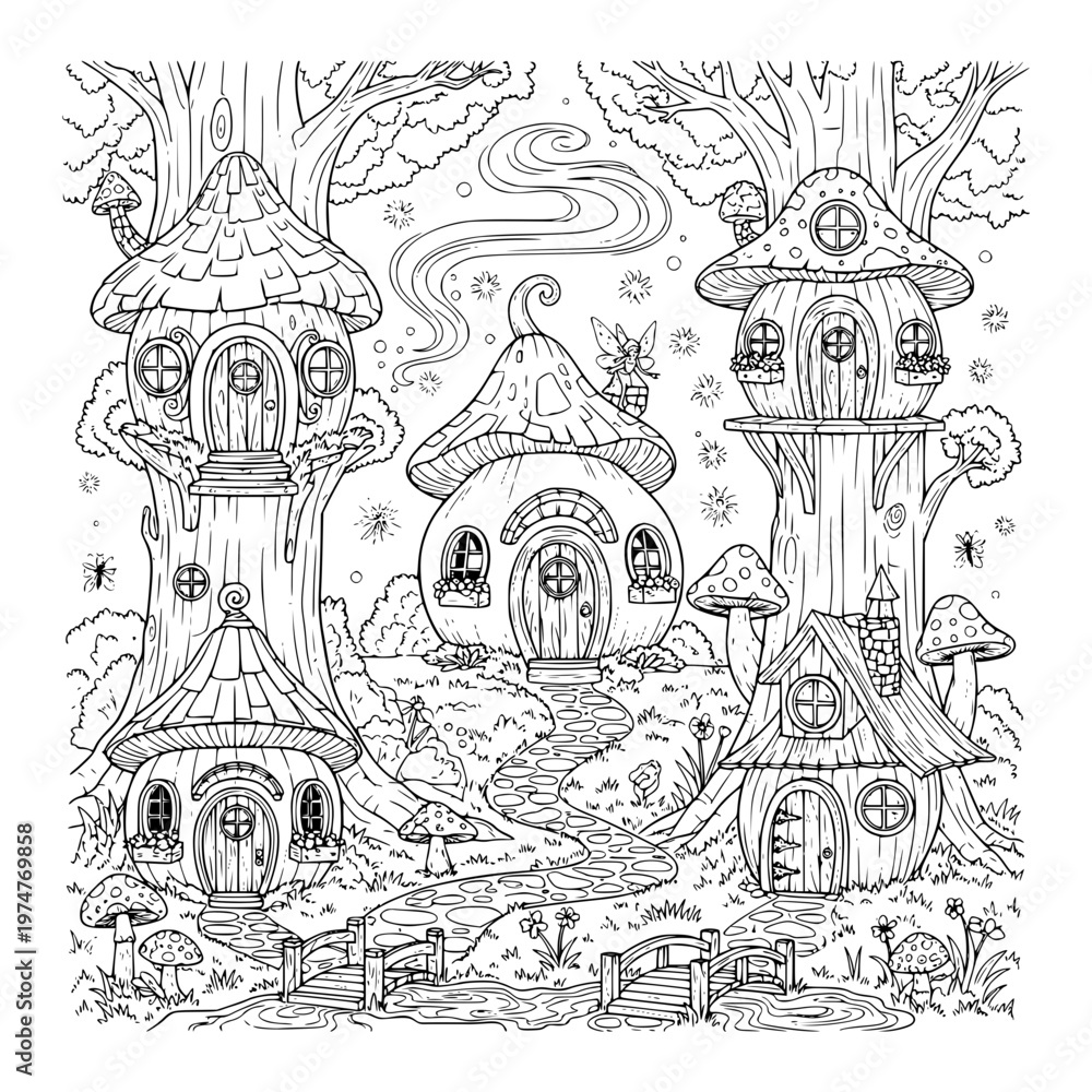 Obraz premium Magical Mushroom Fairy Houses Coloring Page
