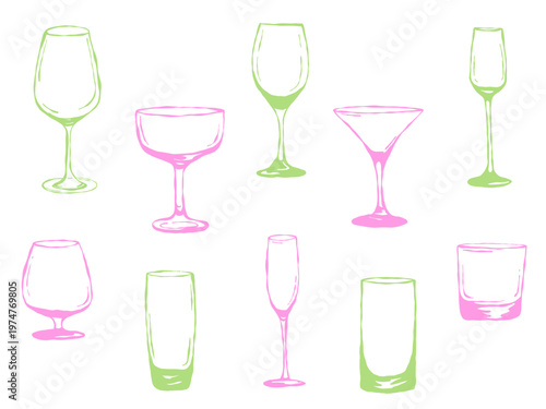 Colorful glassware set in green and pink, modern drink glasses collection, vibrant cocktail and wine glasses illustration