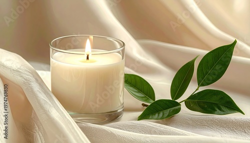 A lit candle in a glass holder with a green leaf on soft fabric.