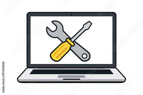 A laptop computer illustration displaying a wrench and a screwdriver crossed on the screen display