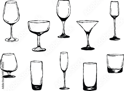Set of different glasses and goblets line art, black outline drinkware collection, wine cocktail glasses vector illustration