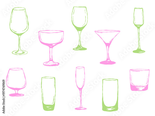 Foto Colorful glassware set in green and pink, modern drink glasses collection, vibra