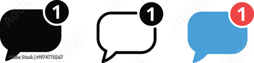 Set of speech bubble chat icons with red notification badge number one in solid outline and flat color styles.