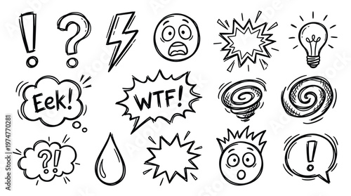 Hand drawn doodle icons and symbols for expressions emotions and communication in a sketchy style with a white background