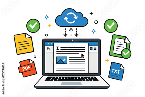 An illustration showing a laptop computer syncing various document file types to a cloud server